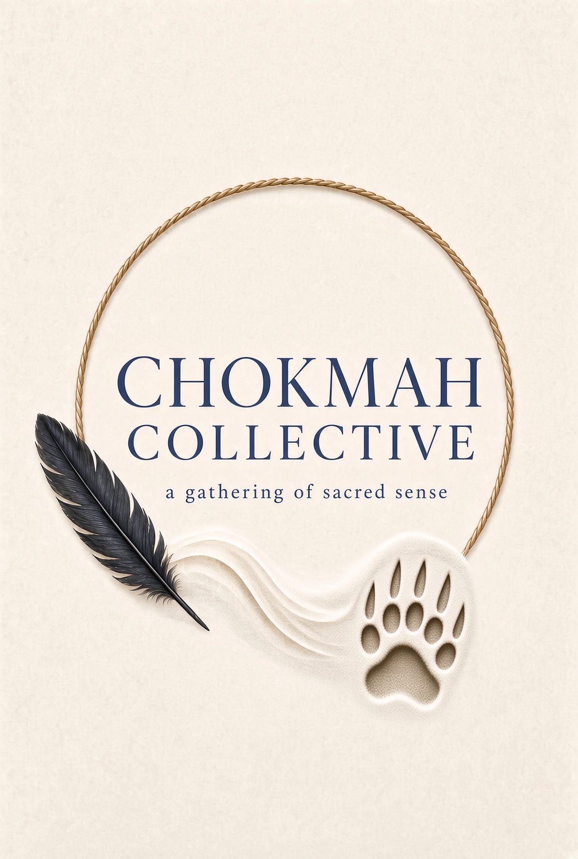 Chokmah Collective house seal: gold cord, raven feather, pale wave, and bear print
